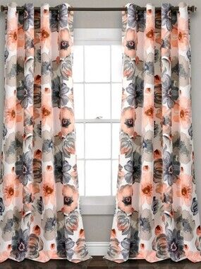Half Moon Leah Floral Grommet Window Curtains - Coral and Gray